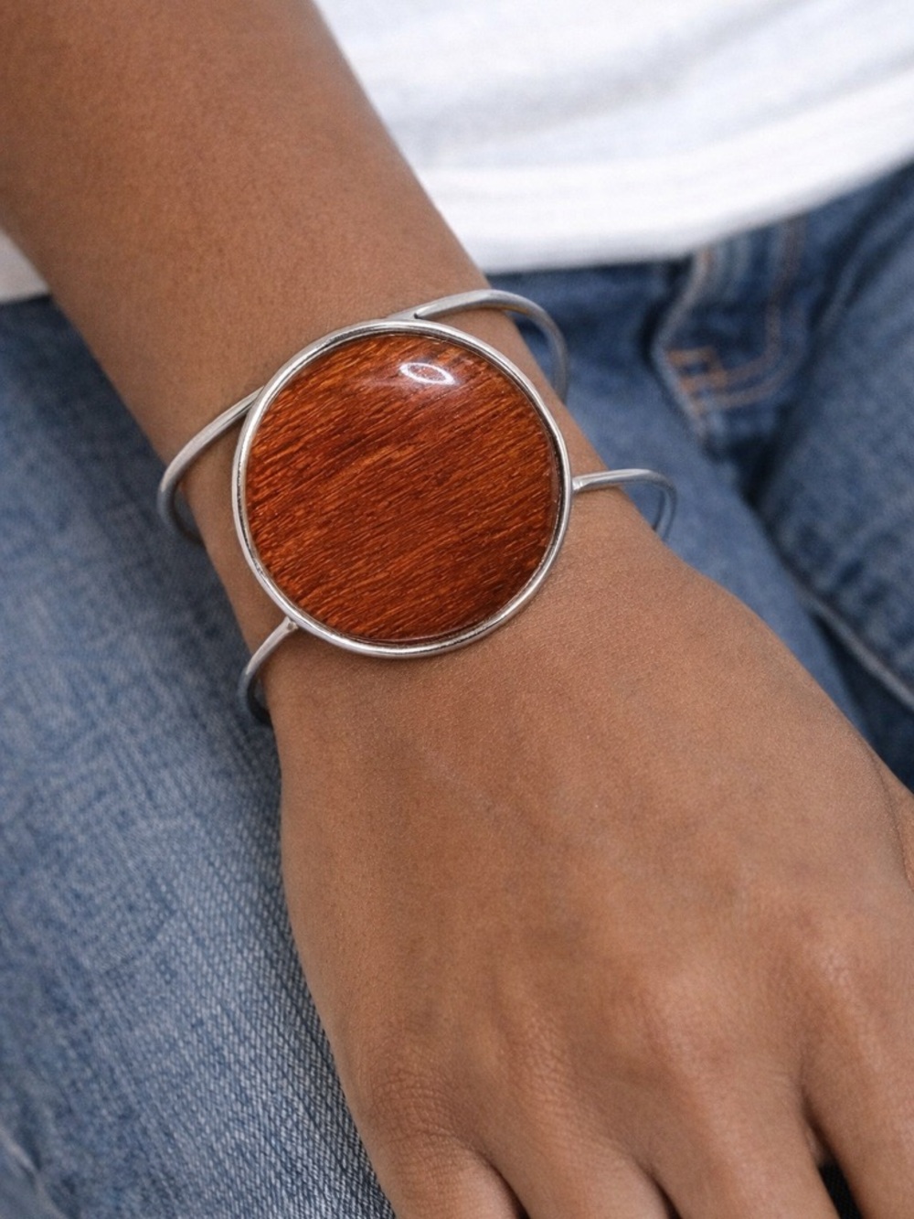 Cuff Bracelet Silver Toned With Reddish Brown Inlay